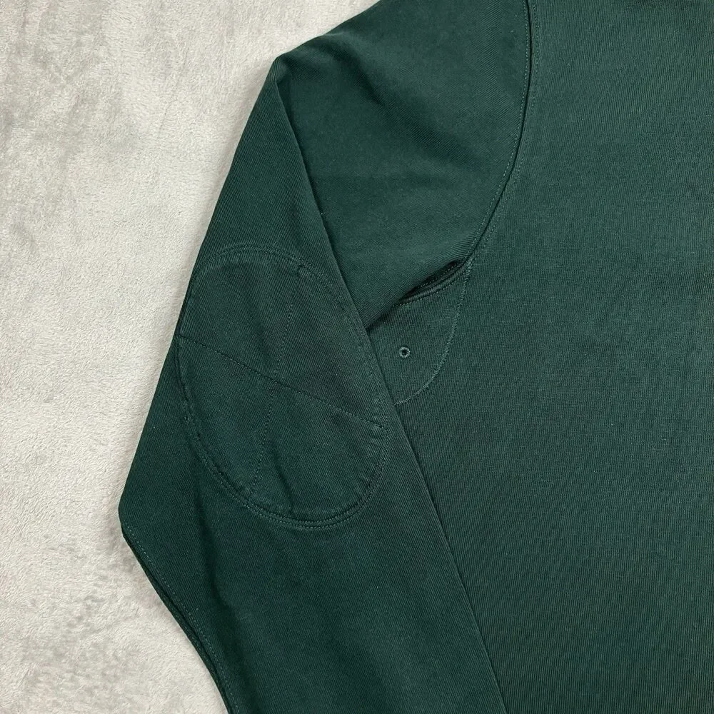 J Crew Rugby Polo Shirt Mens XL Green Long Sleeve Cotton Elbow Patch Preppy
